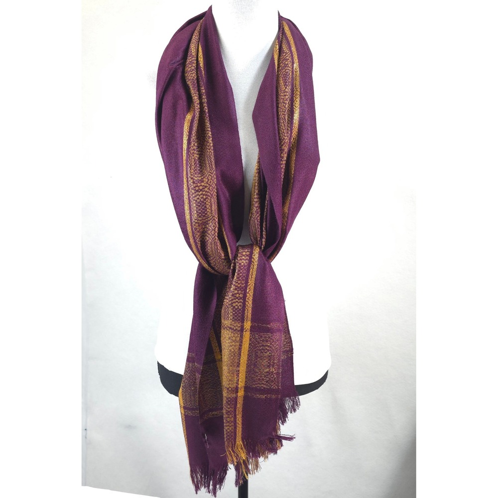 Handmade Scarf 100% Wool Metallic Gold Plum Purple Women One Size Boho Artisan